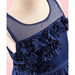 Babyhug Sleeveless Satin Party Dress with Floral Applique & Ribbon Detailing - Navy