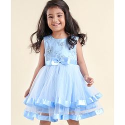 Babyhug Sleeveless Mesh Party Dress with Floral Embroidery & Bow Corsage - Blue