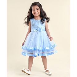 Babyhug Sleeveless Mesh Party Dress with Floral Embroidery & Bow Corsage - Blue