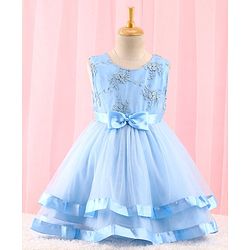 Babyhug Sleeveless Mesh Party Dress with Floral Embroidery & Bow Corsage - Blue