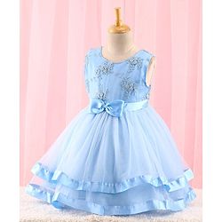 Babyhug Sleeveless Mesh Party Dress with Floral Embroidery & Bow Corsage - Blue