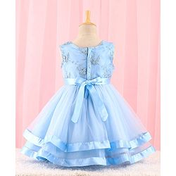 Babyhug Sleeveless Mesh Party Dress with Floral Embroidery & Bow Corsage - Blue