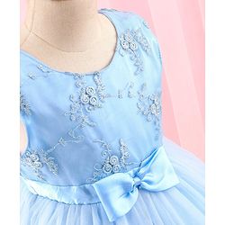 Babyhug Sleeveless Mesh Party Dress with Floral Embroidery & Bow Corsage - Blue