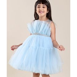 Babyhug Sleeveless Solid Color Mesh Party Frock - Light Blue