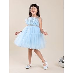 Babyhug Sleeveless Solid Color Mesh Party Frock - Light Blue