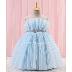 Babyhug Sleeveless Solid Color Mesh Party Frock - Light Blue