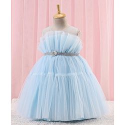 Babyhug Sleeveless Solid Color Mesh Party Frock - Light Blue