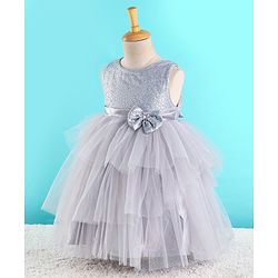 Babyhug Sleeveless  Layered Party Frock With Sequin Embroidery & Bow Applique- Grey
