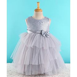 Babyhug Sleeveless  Layered Party Frock With Sequin Embroidery & Bow Applique- Grey