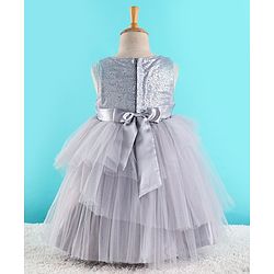 Babyhug Sleeveless  Layered Party Frock With Sequin Embroidery & Bow Applique- Grey