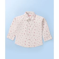 Babyhug Full Sleeves Musical Notes Printed Stretch Fit Party Shirt & Trousers with Cap & Bow - Peach & White