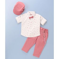 Babyhug Full Sleeves Musical Notes Printed Stretch Fit Party Shirt & Trousers with Cap & Bow - Peach & White
