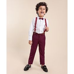 Babyhug Full Sleeves Party Solid Color Shirt & Pant with Bow & Suspender - White & Maroon