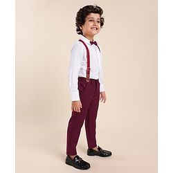 Babyhug Full Sleeves Party Solid Color Shirt & Pant with Bow & Suspender - White & Maroon