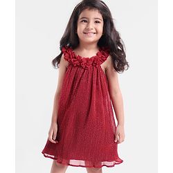 Babyhug Georgette Sleeveless Pleated A Line Party Frock Glitter Print- Maroon