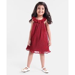 Babyhug Georgette Sleeveless Pleated A Line Party Frock Glitter Print- Maroon