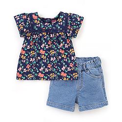Babyhug 100% Cotton Knit Half Sleeves Top & Shorts Set Floral Print - Navy Blue