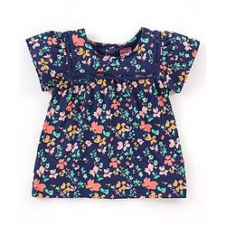 Babyhug 100% Cotton Knit Half Sleeves Top & Shorts Set Floral Print - Navy Blue