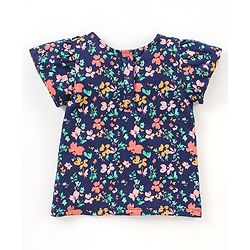 Babyhug 100% Cotton Knit Half Sleeves Top & Shorts Set Floral Print - Navy Blue