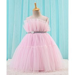 Babyhug Sleeveless Solid Color Mesh Party Frock - Light Pink