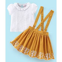 Babyhug 100% Cotton Knit Half Sleeves Top & Skirt with Suspender Floral Embroidery - White & Yellow