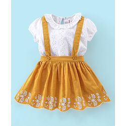 Babyhug 100% Cotton Knit Half Sleeves Top & Skirt with Suspender Floral Embroidery - White & Yellow