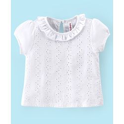 Babyhug 100% Cotton Knit Half Sleeves Top & Skirt with Suspender Floral Embroidery - White & Yellow