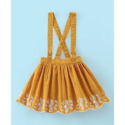 Babyhug 100% Cotton Knit Half Sleeves Top & Skirt with Suspender Floral Embroidery - White & Yellow