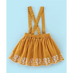 Babyhug 100% Cotton Knit Half Sleeves Top & Skirt with Suspender Floral Embroidery - White & Yellow