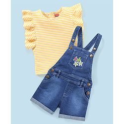 Babyhug 100% Cotton Sleeveless Striped Tee & Dungaree Set Floral Embroidery- Yellow & Blue