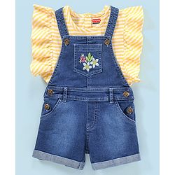 Babyhug 100% Cotton Sleeveless Striped Tee & Dungaree Set Floral Embroidery- Yellow & Blue