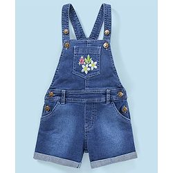 Babyhug 100% Cotton Sleeveless Striped Tee & Dungaree Set Floral Embroidery- Yellow & Blue