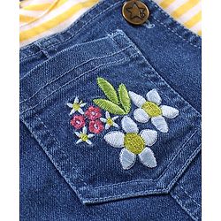 Babyhug 100% Cotton Sleeveless Striped Tee & Dungaree Set Floral Embroidery- Yellow & Blue