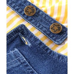 Babyhug 100% Cotton Sleeveless Striped Tee & Dungaree Set Floral Embroidery- Yellow & Blue