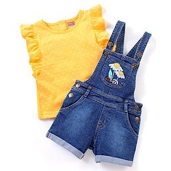 Babyhug Cotton Knit Floral Applique Dungaree with Short Sleeves Dot Print T-Shirt Set - Blue & Yellow