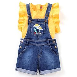 Babyhug Cotton Knit Floral Applique Dungaree with Short Sleeves Dot Print T-Shirt Set - Blue & Yellow