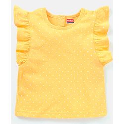 Babyhug Cotton Knit Floral Applique Dungaree with Short Sleeves Dot Print T-Shirt Set - Blue & Yellow
