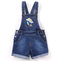 Babyhug Cotton Knit Floral Applique Dungaree with Short Sleeves Dot Print T-Shirt Set - Blue & Yellow