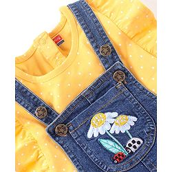 Babyhug Cotton Knit Floral Applique Dungaree with Short Sleeves Dot Print T-Shirt Set - Blue & Yellow