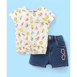 Babyhug 100% Cotton Knit Half Sleeves Top and Denim Shorts Set Beach Print - White & Blue