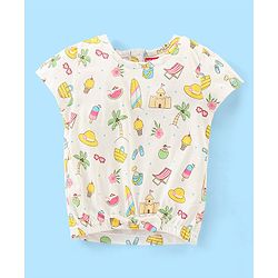 Babyhug 100% Cotton Knit Half Sleeves Top and Denim Shorts Set Beach Print - White & Blue
