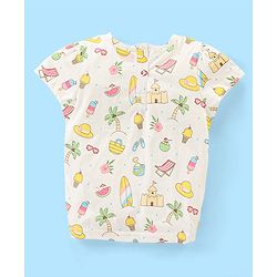 Babyhug 100% Cotton Knit Half Sleeves Top and Denim Shorts Set Beach Print - White & Blue