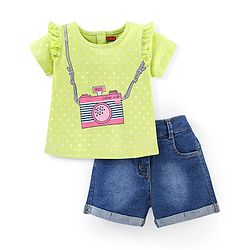 Babyhug 100% Cotton Cold Shoulder Sleeves Top & Shorts Set Polka Dot Print - Blue & Green