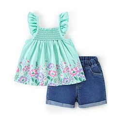 Babyhug 100% Cotton Knit Frill Sleeves Top & Denim Shorts with Bow Applique & Floral Print - Mint & Medium Blue