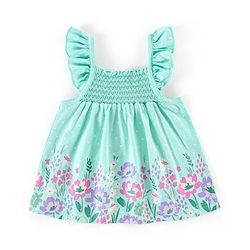 Babyhug 100% Cotton Knit Frill Sleeves Top & Denim Shorts with Bow Applique & Floral Print - Mint & Medium Blue