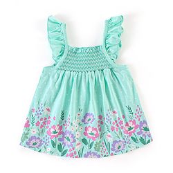 Babyhug 100% Cotton Knit Frill Sleeves Top & Denim Shorts with Bow Applique & Floral Print - Mint & Medium Blue