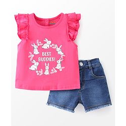 Babyhug 100% Cotton Knit Sleeveless Top with Denim Shorts Bunny Print - Dark Pink & Mid Blue