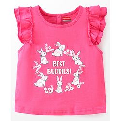 Babyhug 100% Cotton Knit Sleeveless Top with Denim Shorts Bunny Print - Dark Pink & Mid Blue