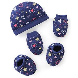 Babyhug Cotton Knit Cap Mittens & Booties Set Heart Print  Blue - Diameter 11 Cm