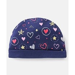 Babyhug Cotton Knit Cap Mittens & Booties Set Heart Print  Blue - Diameter 11 Cm